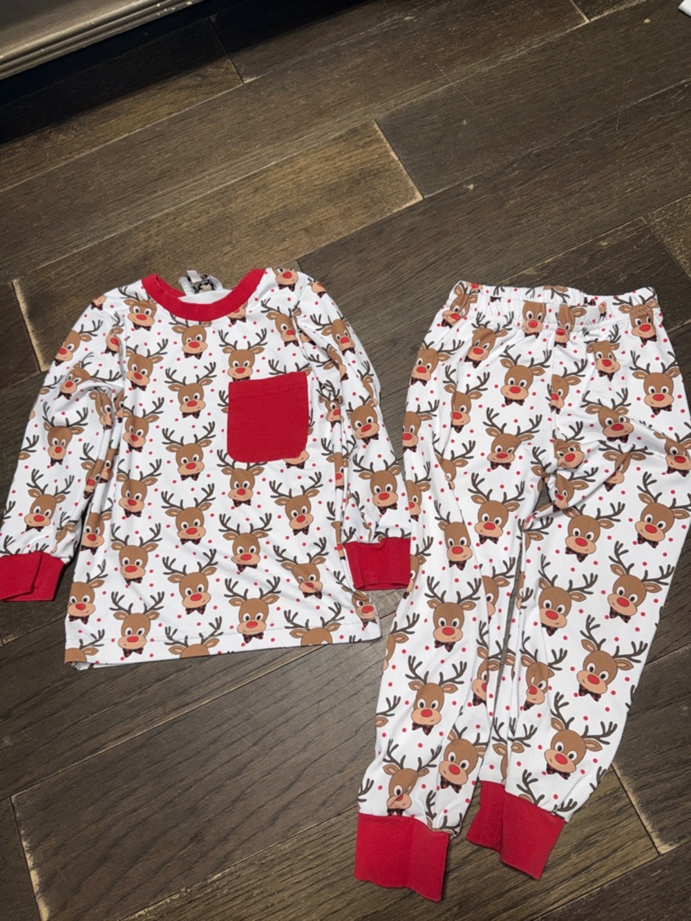Kids Red Reindeer Pajama Set with Pocket
